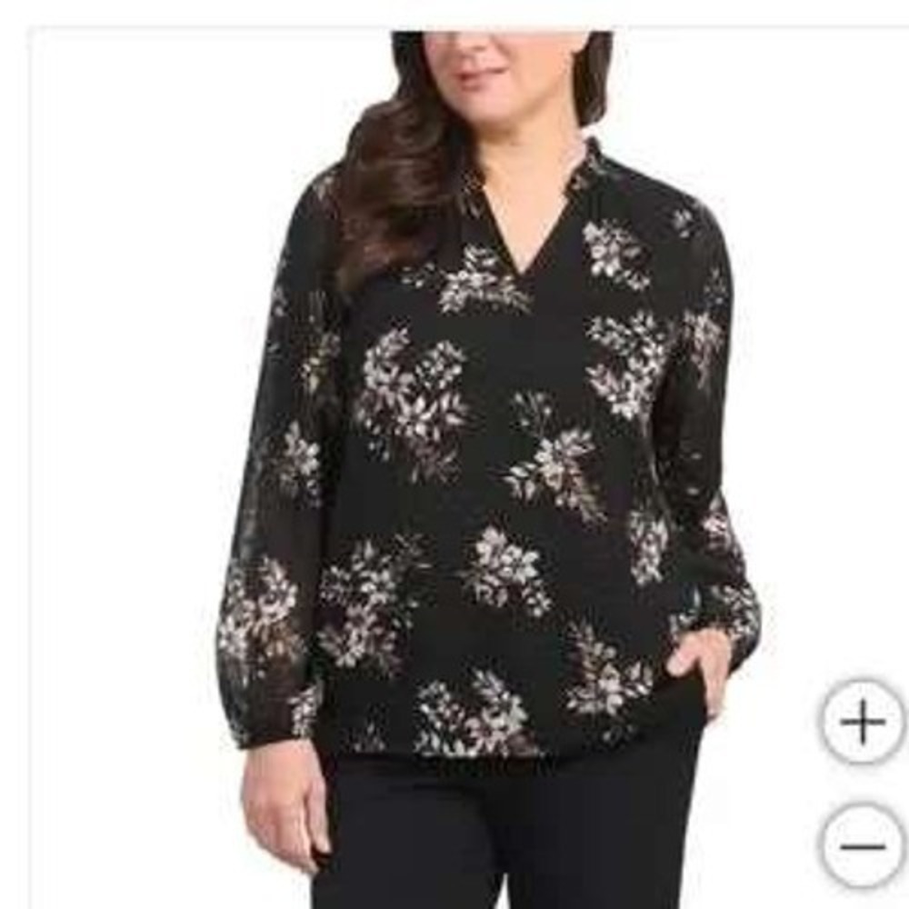 Hilary Radley Womens Long Sleeve Floral Split V-Neck‎ Blouse Black MED